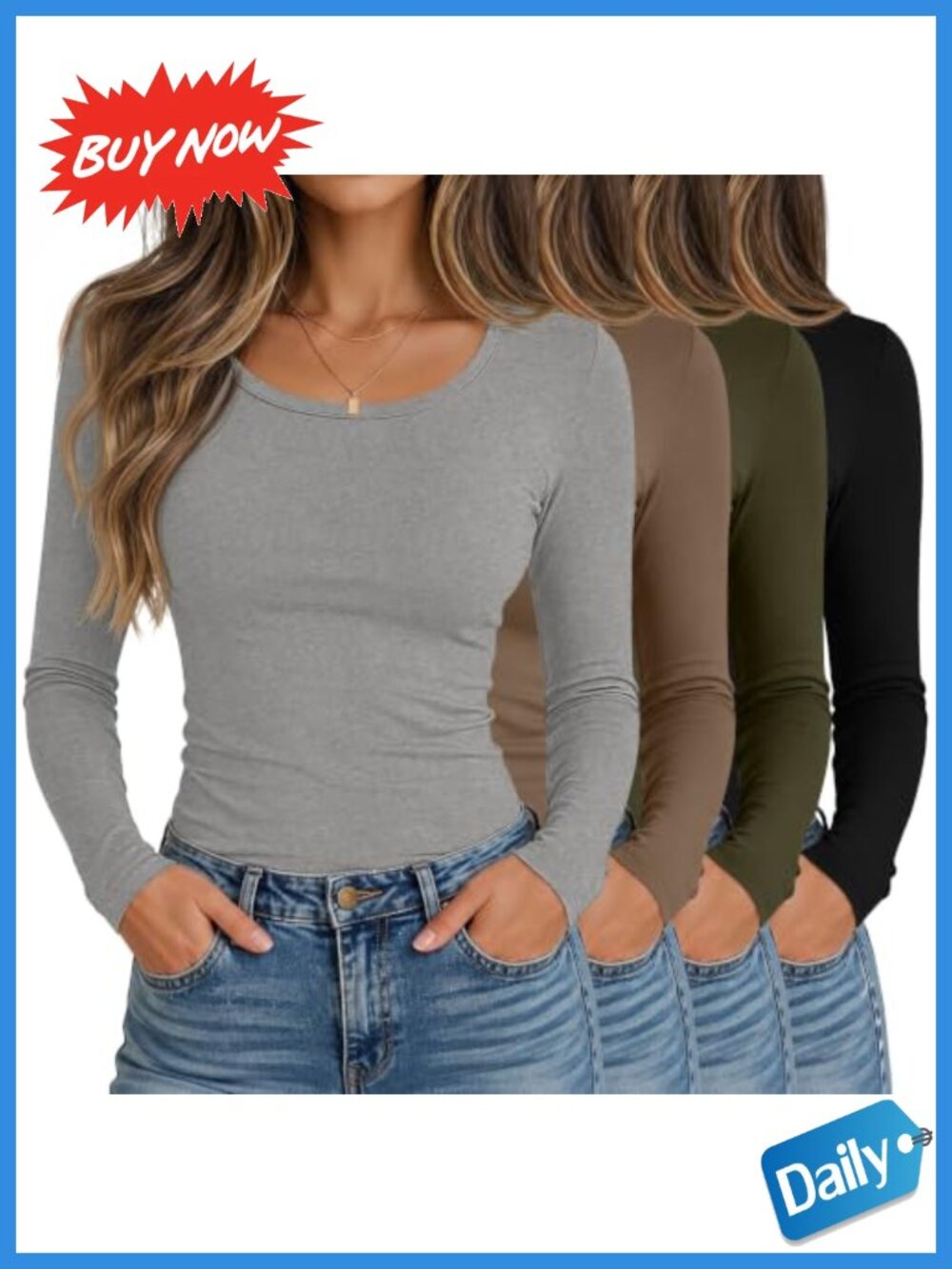 Women's 4 Pack Long Sleeve Shirts Scoop Neck Fitted Cotton Blend Tops